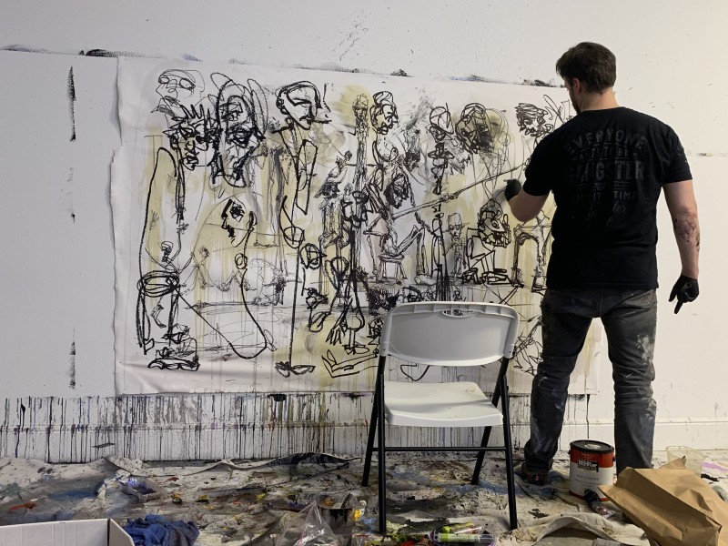 David Henderson working on The Courtship Ritual in his studio