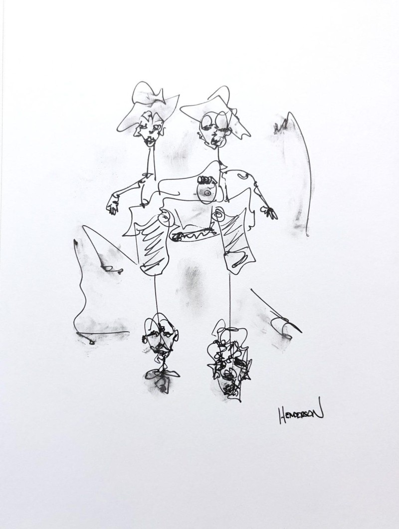 Ink figurative drawing by Henderson exploring identity and duality, two hatted figures over floating faces